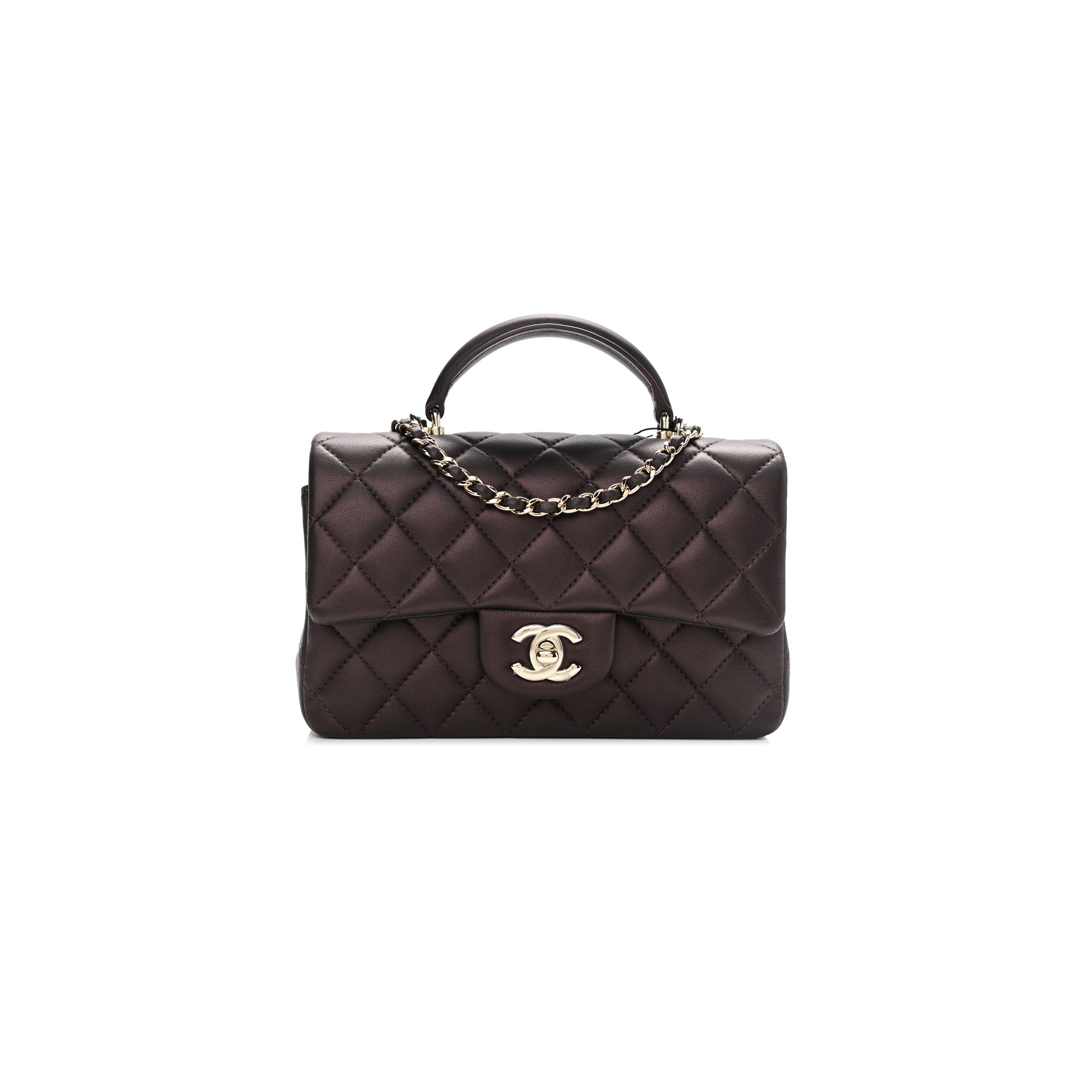 CHANEL LAMBSKIN QUILTED MINI TOP HANDLE RECTANGULAR FLAP LIGHT GOLD DARK BROWN 1106160 (20*13*6cm)